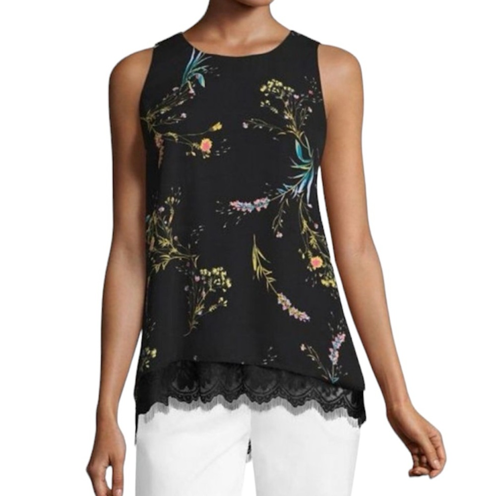 Worthington | Black Floral Sleeveless Blouse Tank Top with Lace
